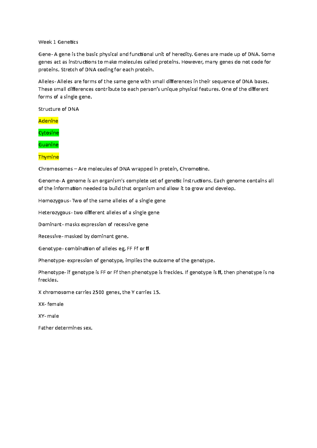 Genesbisocicence study notes that can help study - Week 1 Genetics Gene ...