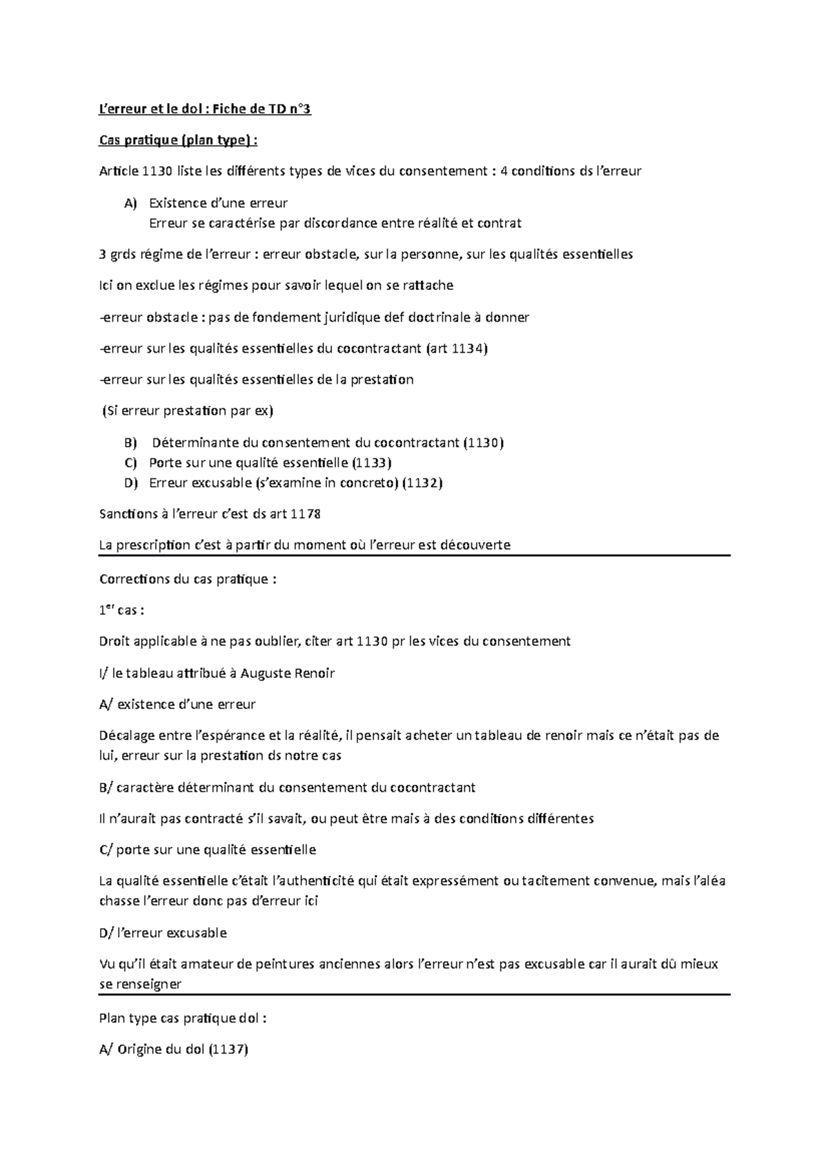 Td Dco Td Du Premier Semestre De L Droit Lerreur Et Le Dol Fiche De Td N Cas Pratique