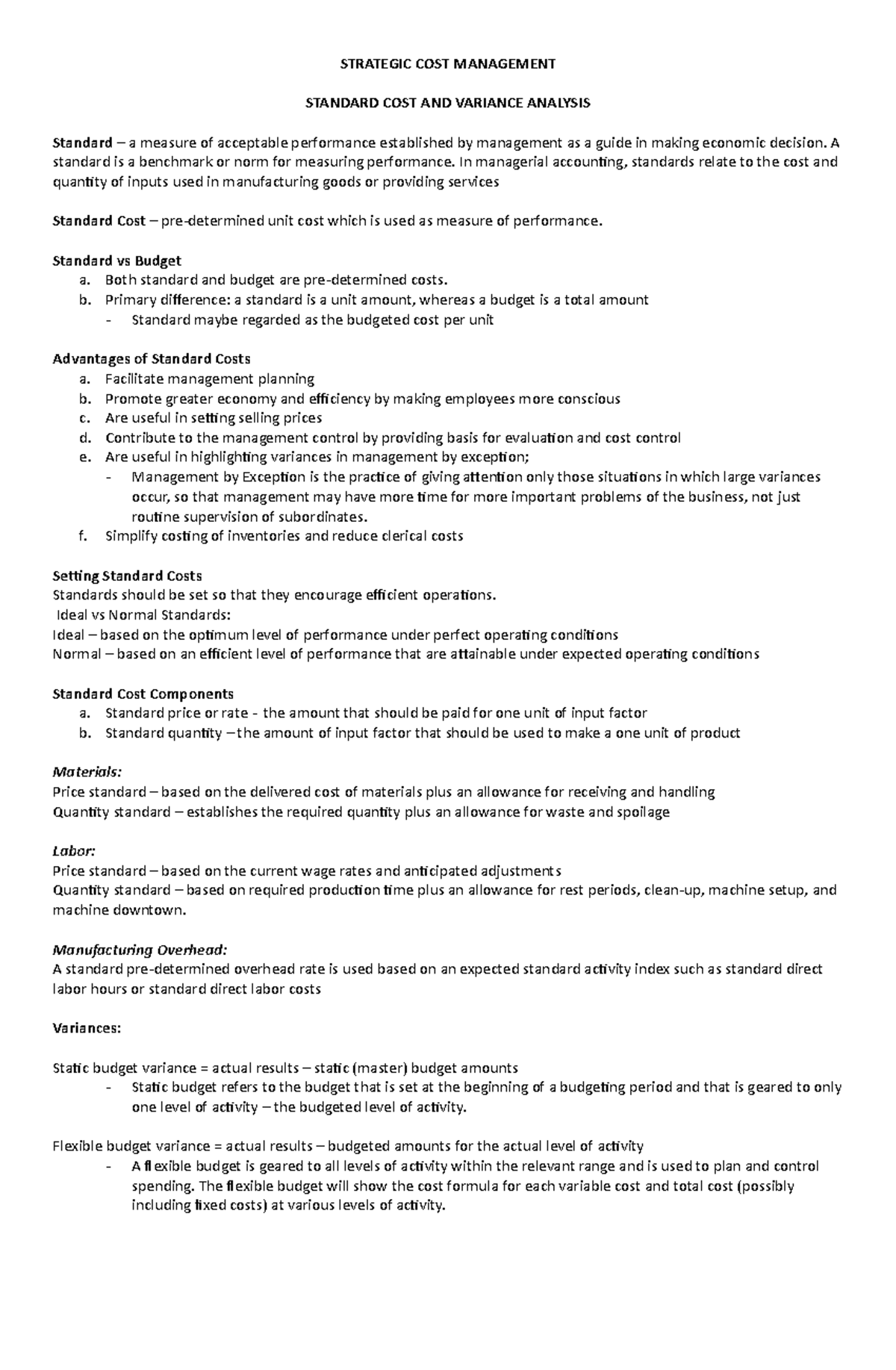 Standard cost and variance analysis concepts strategic cost
