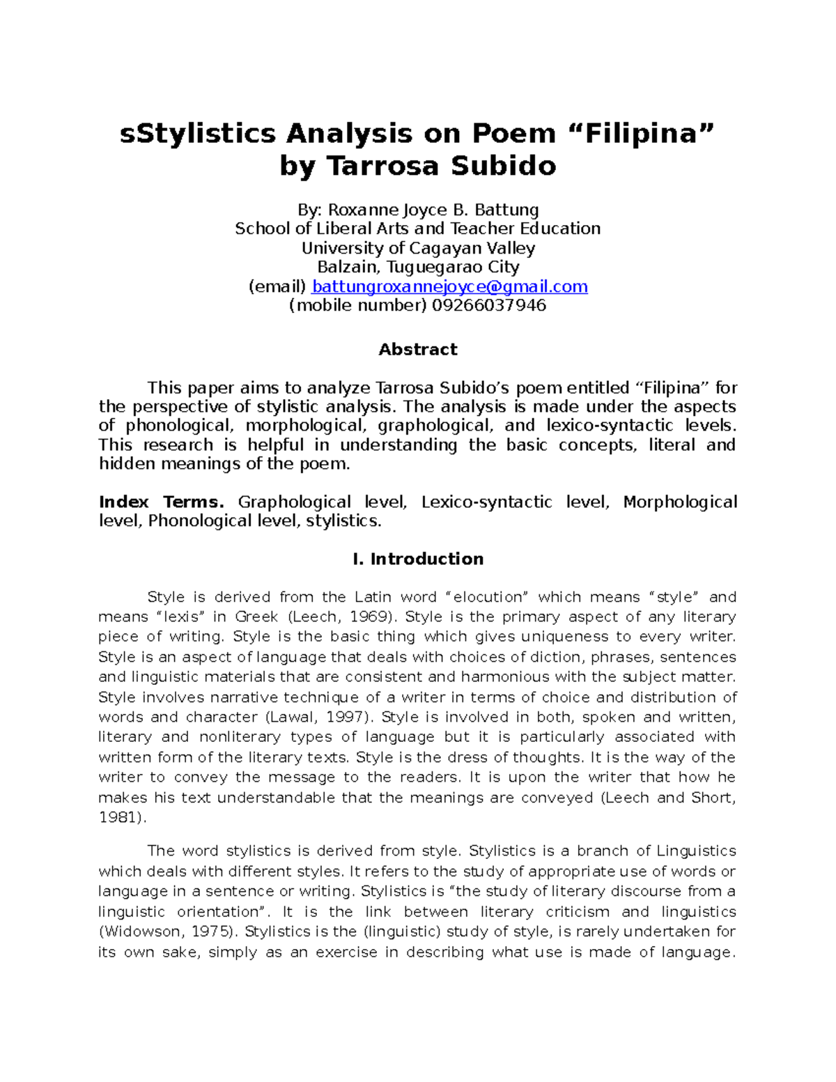 Stylistics RJB - sStylistics Analysis on Poem “Filipina” by Tarrosa ...