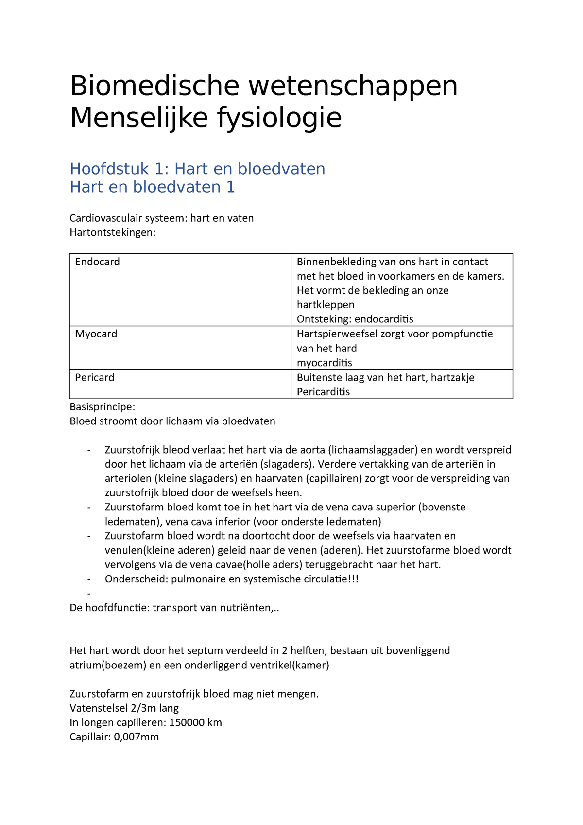 Biomedische Wetenschappen- Les 1 Hart - StuDocu