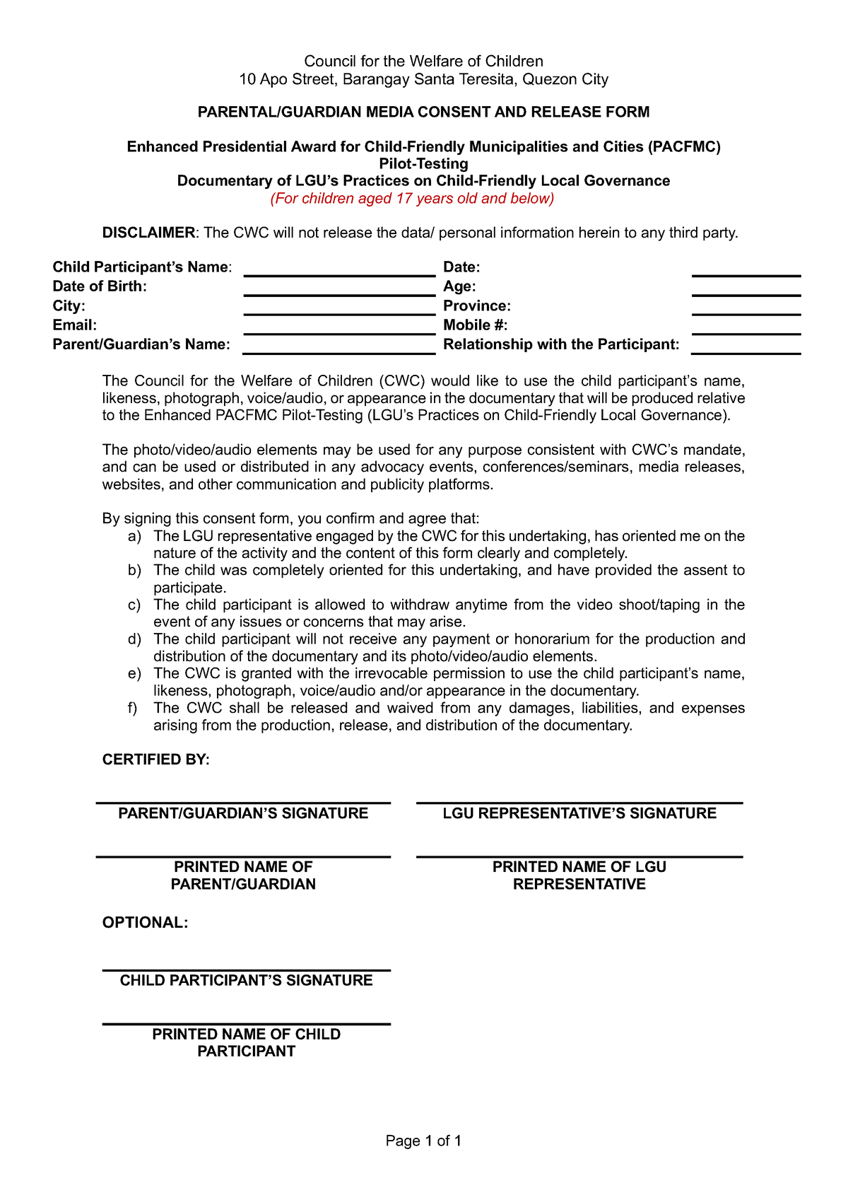 2023 Media Consent Form Pacfmc Children - Council for the Welfare of ...