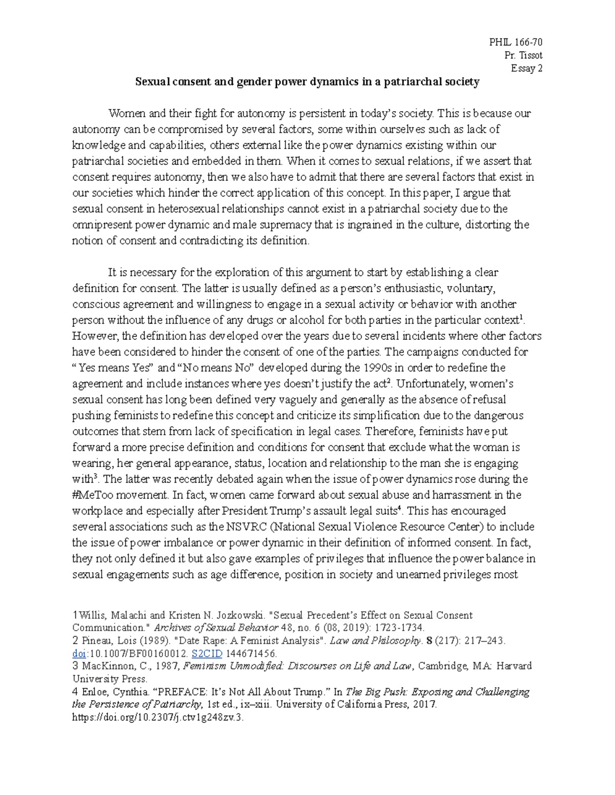 Sexual Consent And Gender Power Dynamics In A Patriarchal Society Pr Tissot Essay 2 Sexual