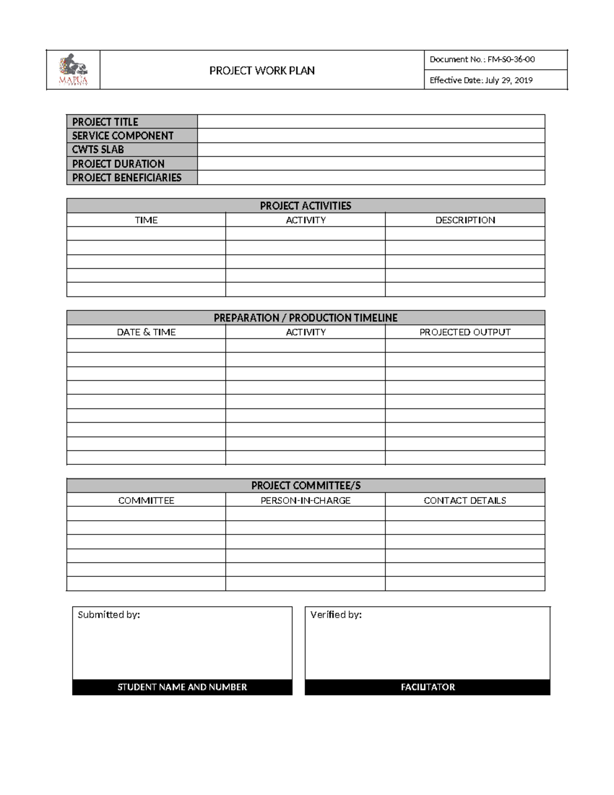 Project Work Plan Form - Civic Welfare Training Service 102 - PROJECT ...