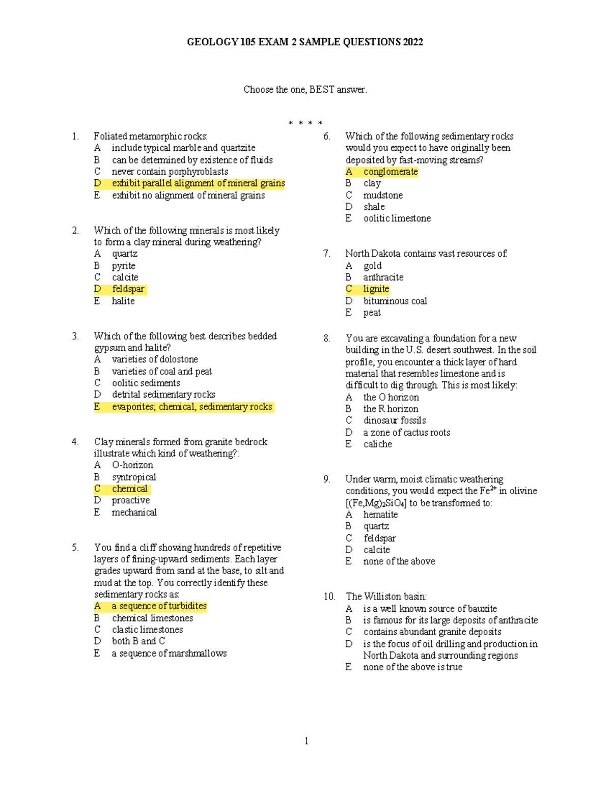 Geology 105 Exam 2 - Study Guide Of Exam - Choose The One, BEST Answer ...