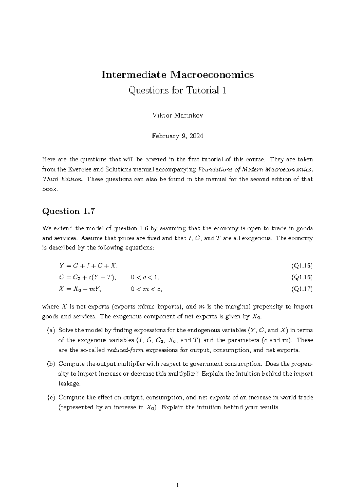 Questions Tutorial 1 2024 - Intermediate Macroeconomics Questions for ...