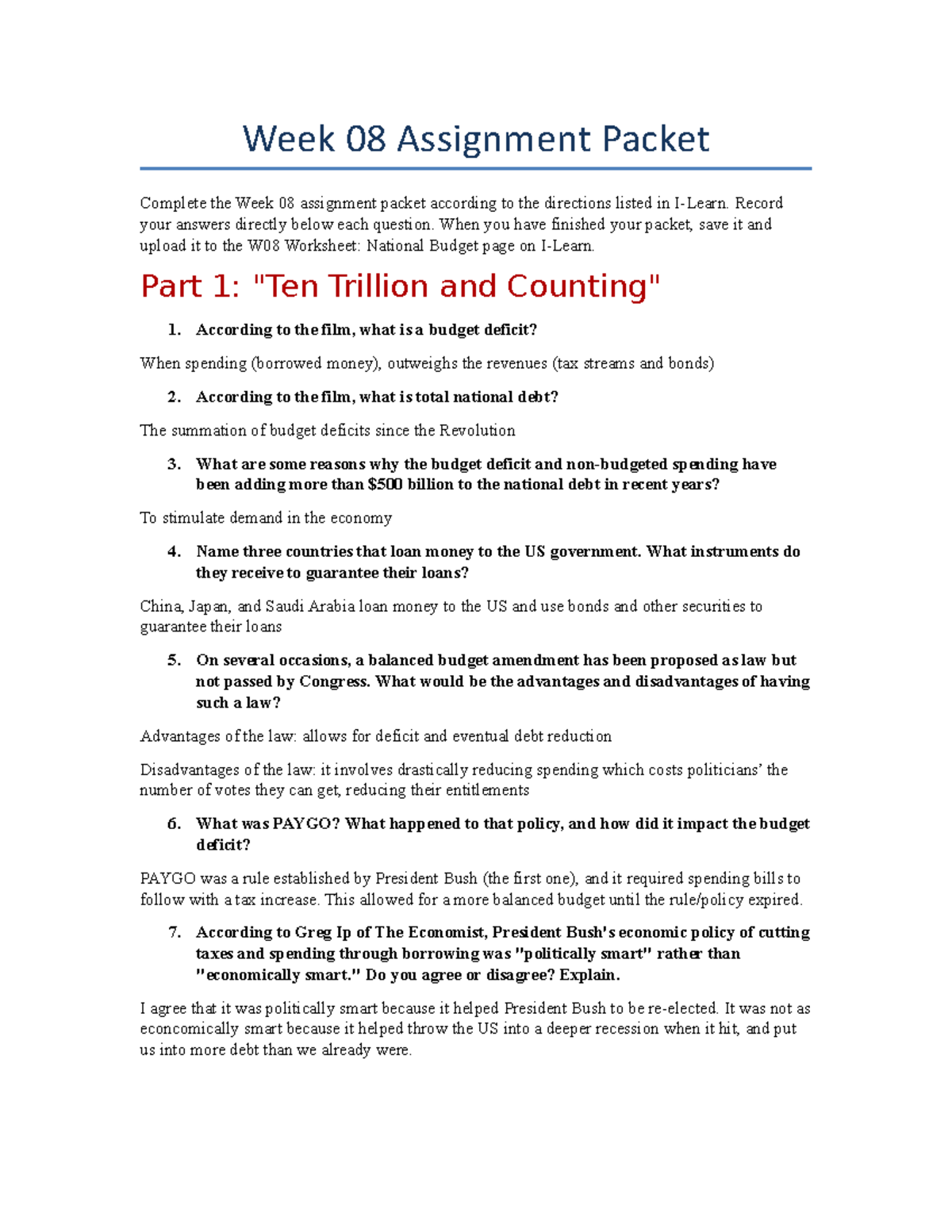 W08 Worksheet: Presidents - Week 08 Assignment Packet Complete the Week ...