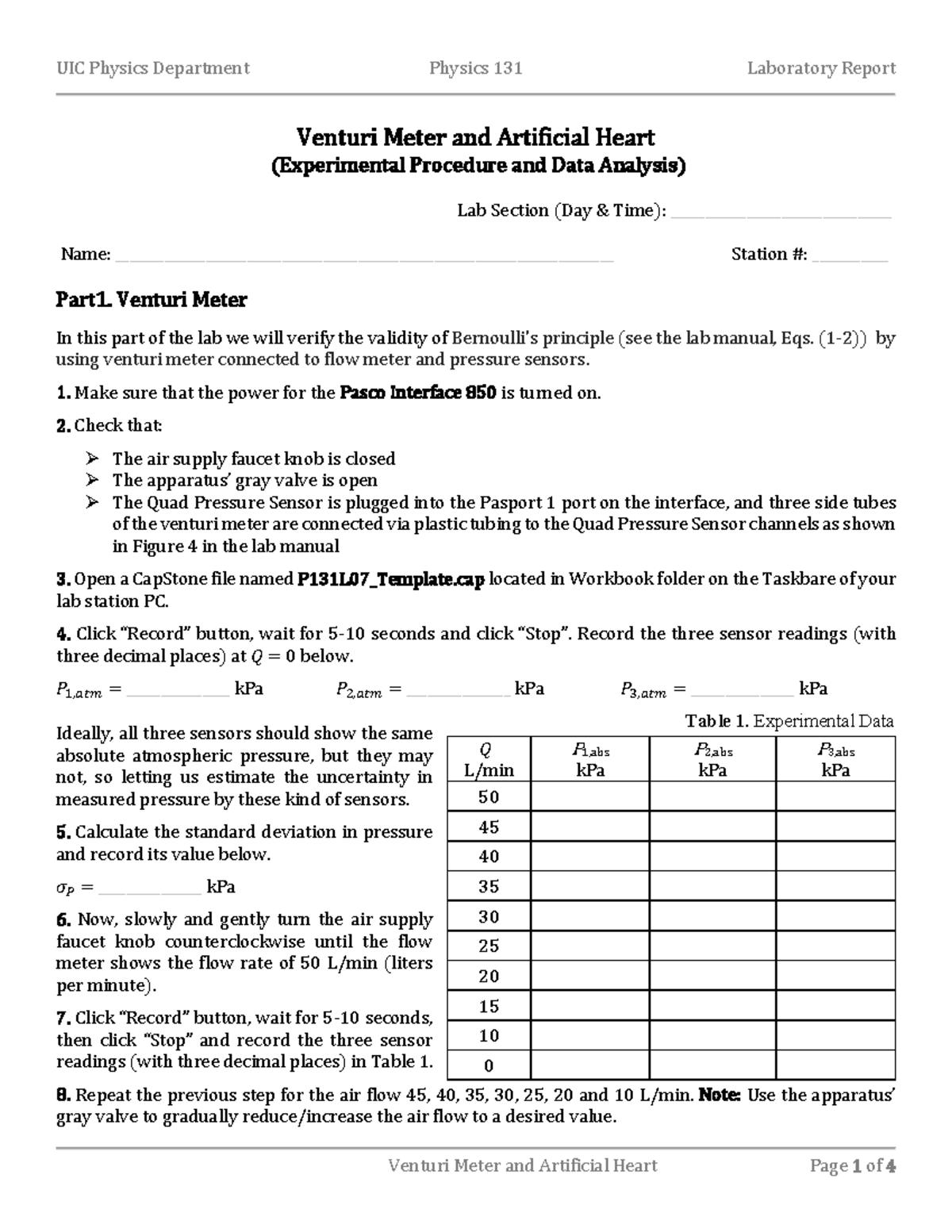 P131L07 Lab Report Template v20221112 Venturi Meter and Artificial