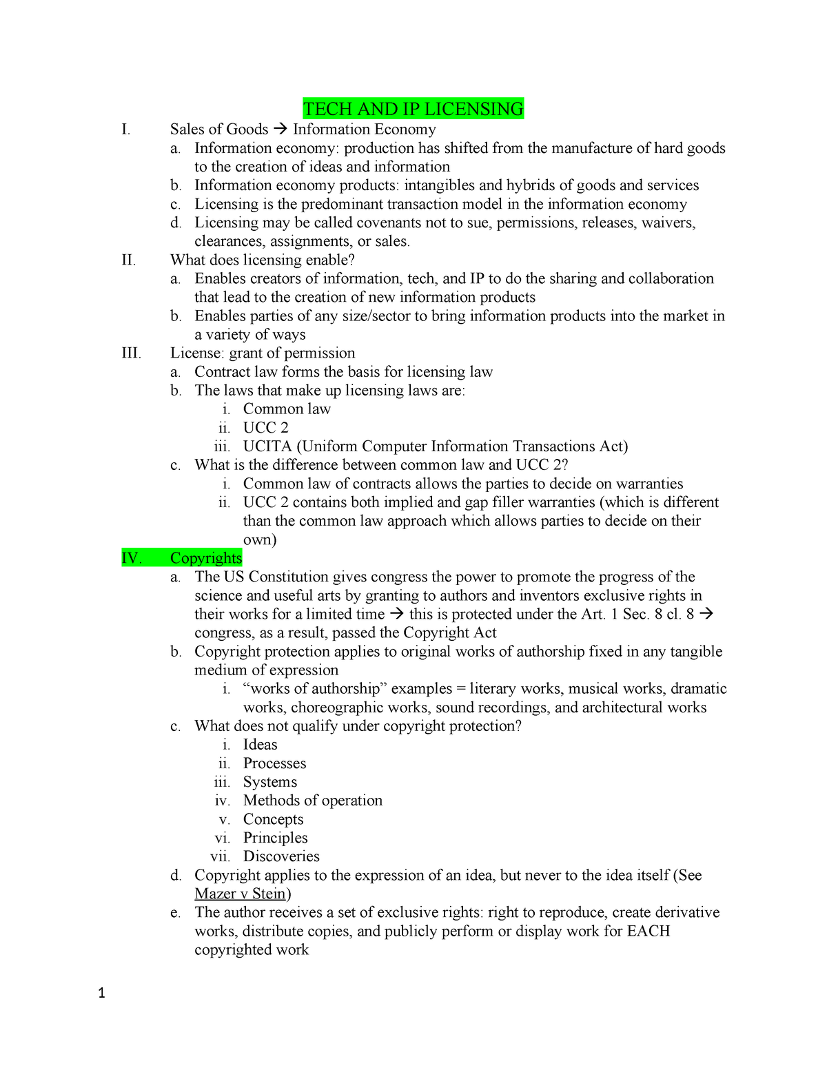 TECH AND IP Licensing Outline - TECH AND IP LICENSING I. Sales of Goods ...