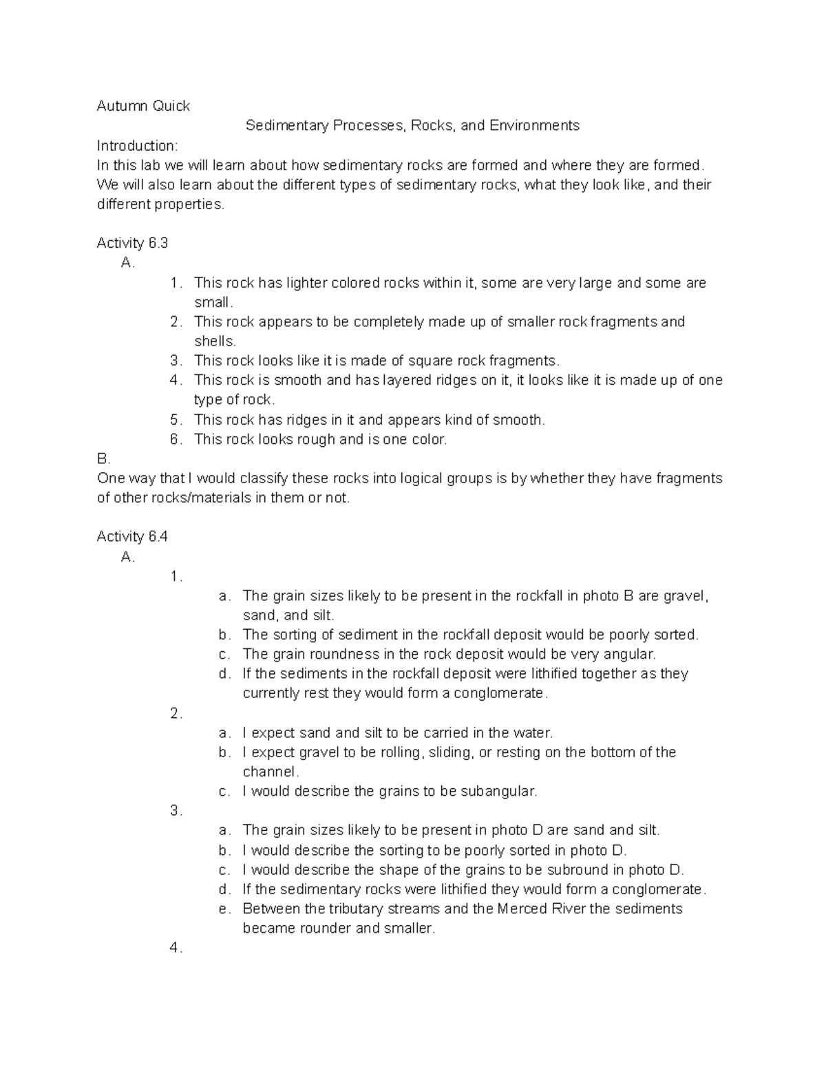 Lab 6 - Lab 6 - Autumn Quick Sedimentary Processes, Rocks, and ...