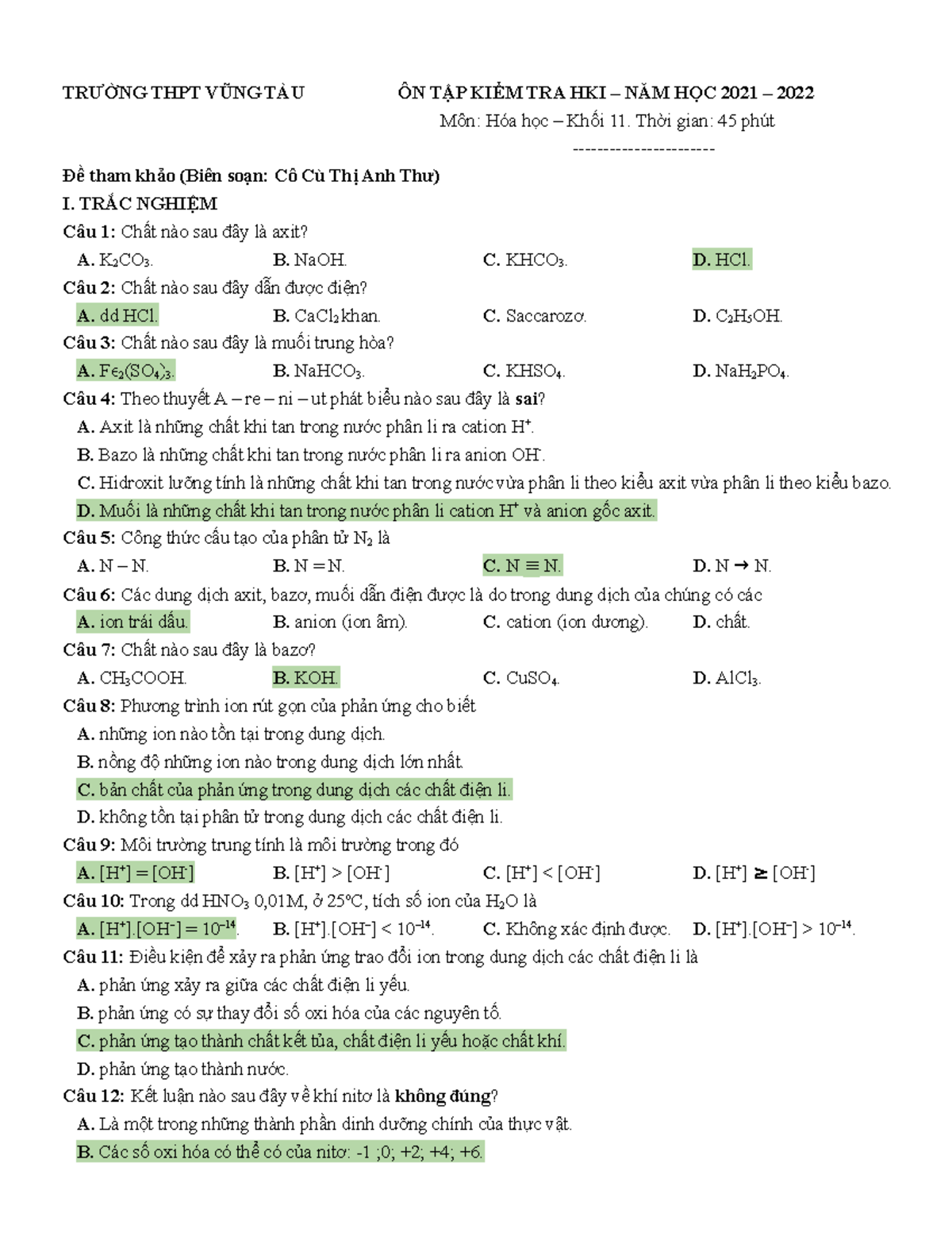 On-giua-HKI-21-22-Hoa-11 Cô-Thư - TRƯỜNG THPT VŨNG TÀU ÔN TẬP KI쨃ऀM TRA ...