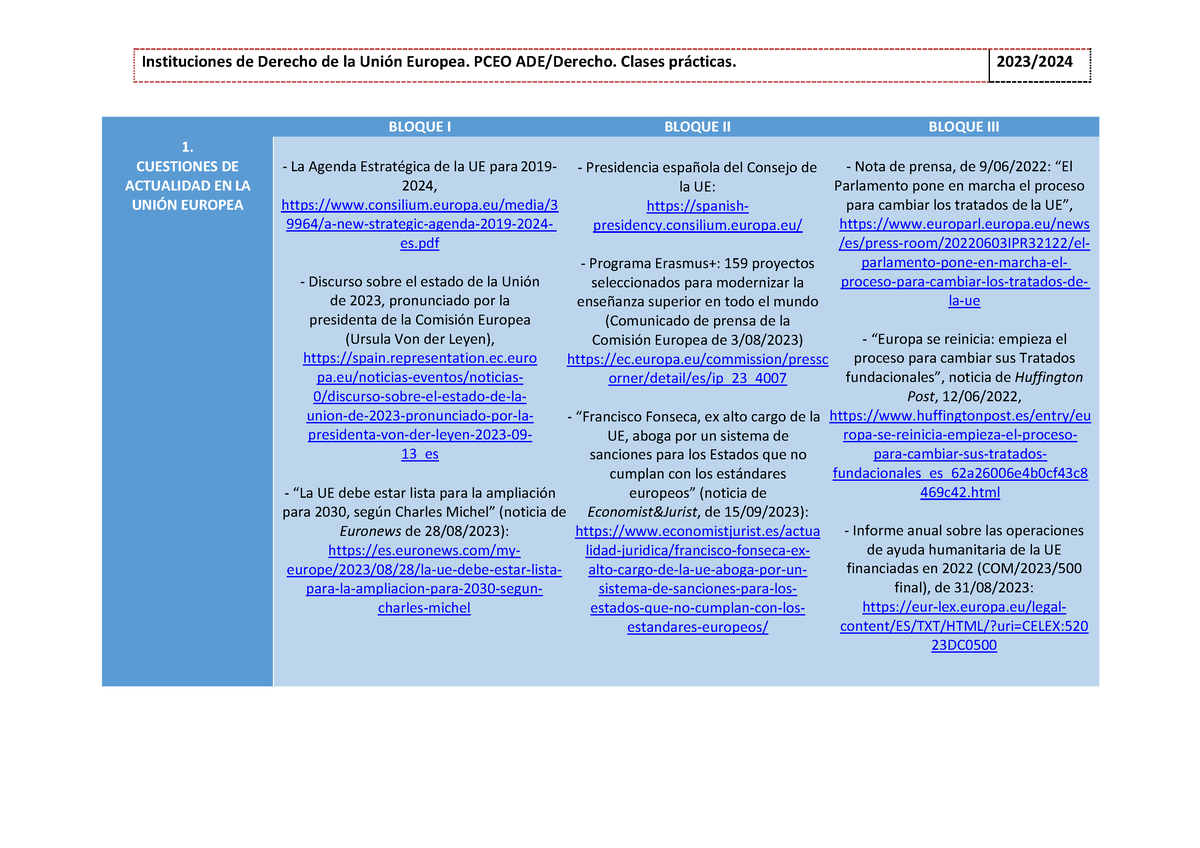 Calendario Prácticas PCEO 20232024 BLOQUE I BLOQUE II BLOQUE III 1