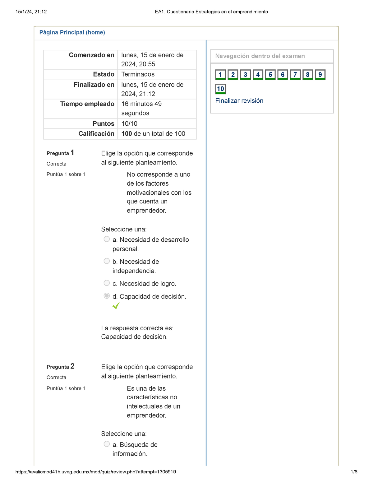 EA1. Cuestionario Estrategias En El Emprendimiento - Página Principal ...