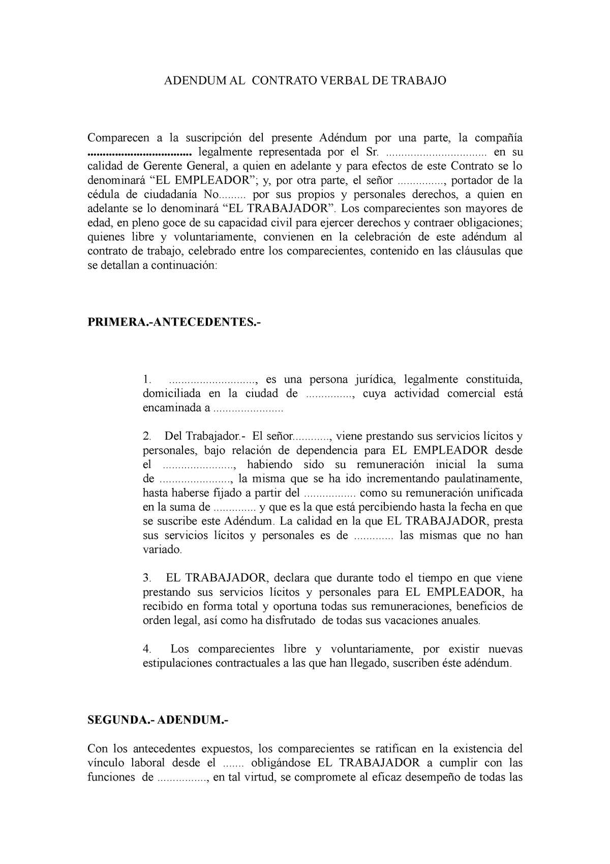 Modelo De Adendun Adendum Laboral Adendum Al Contrato Verbal De Trabajo Comparecen A La 5673