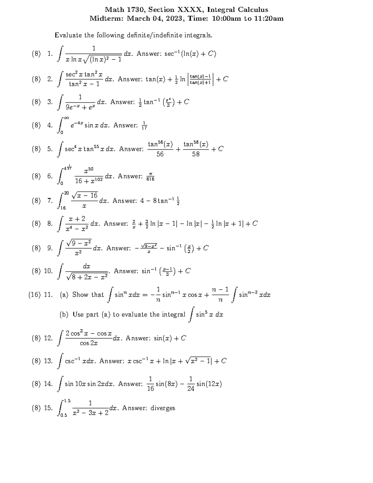 Self Evaluation Test 1Winter 2023 - Math 1730, Section XXXX, Integral ...