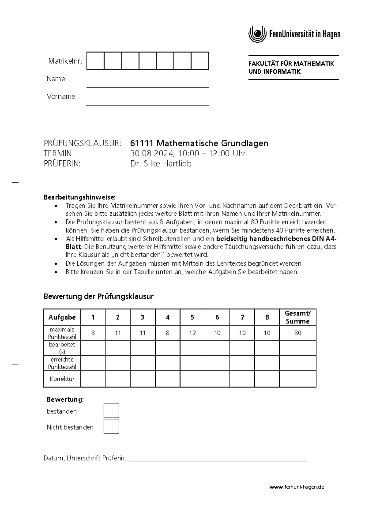 61111 Klausurdeckblatt - fernuni-hagen Matrikelnr. Name Vorname ...