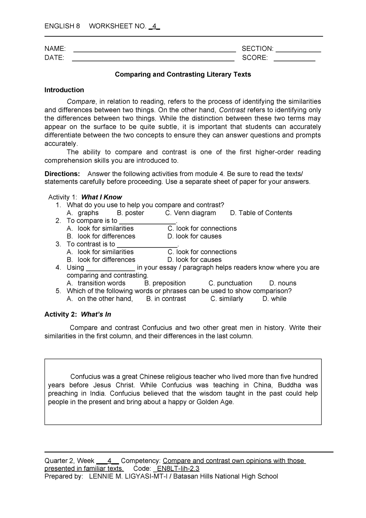 Edited-Worksheet-4 ENG8 Q2 MOD4 Comparing-and-contrasting-familiar ...