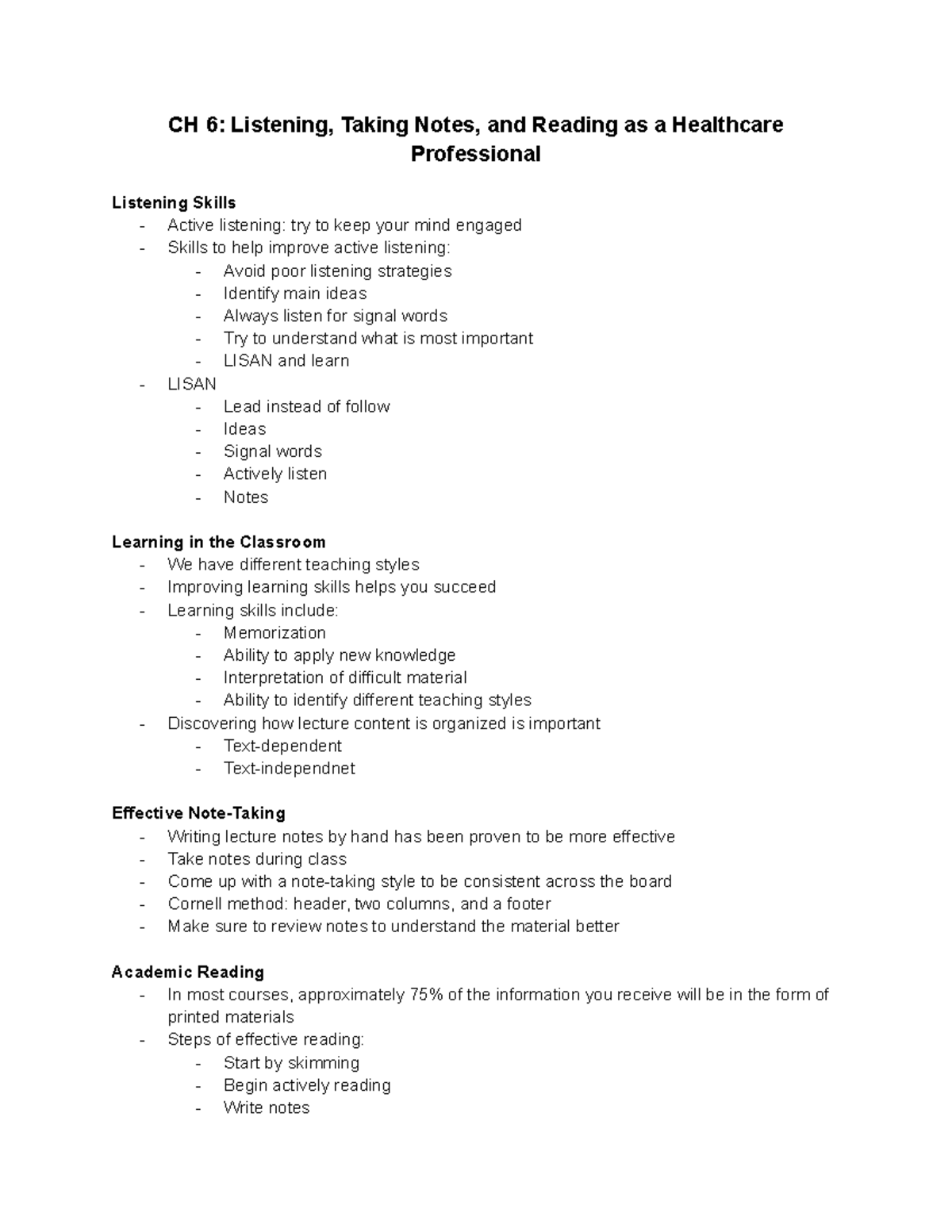CH 6 Listening, Taking Notes, and Reading as a Healthcare Professional
