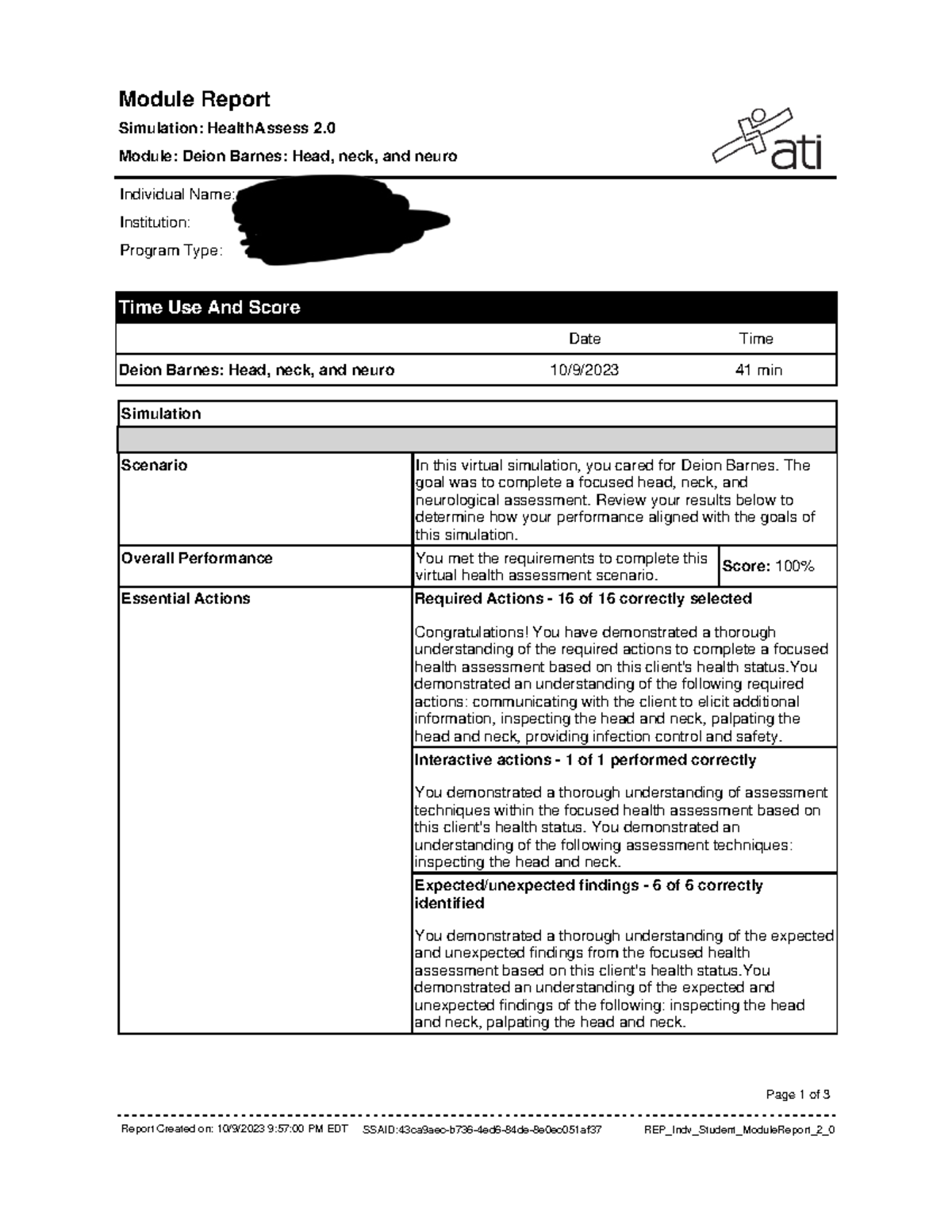 Head,neck,neuro 2 ATI Health Assess Deion Barnes Module Report