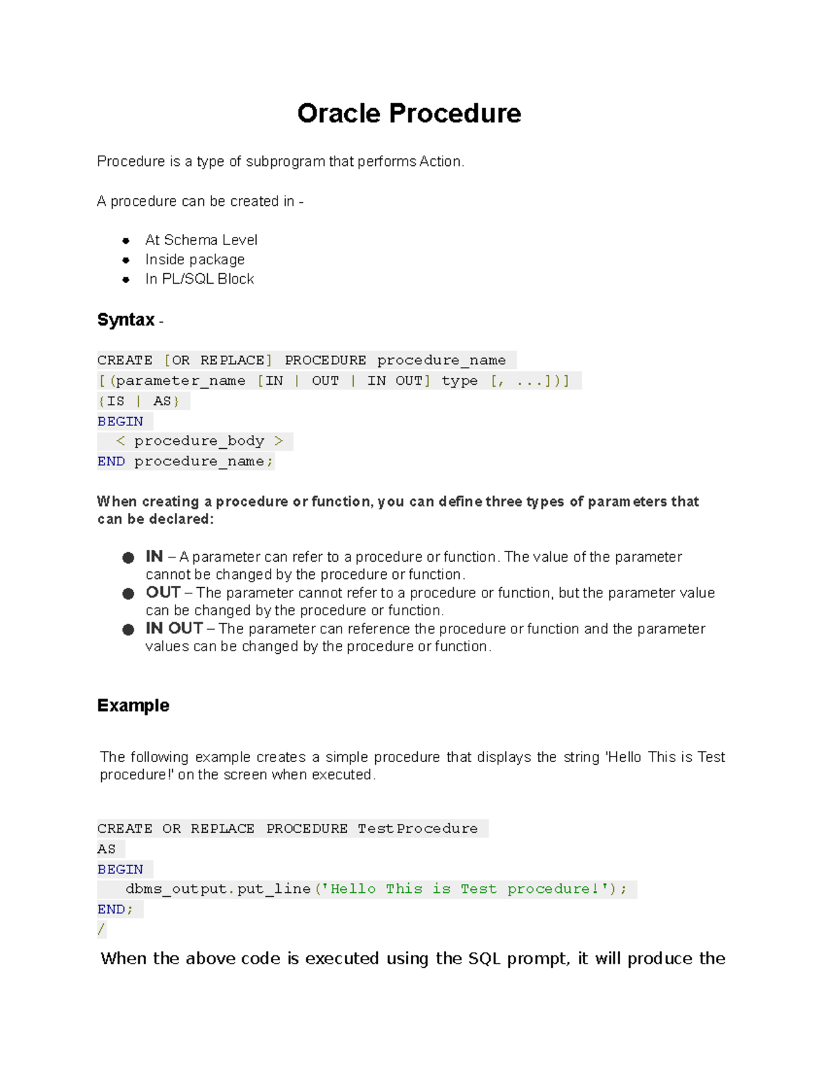 Notes for Oracle procedure - Computer Engineering - MU - Studocu