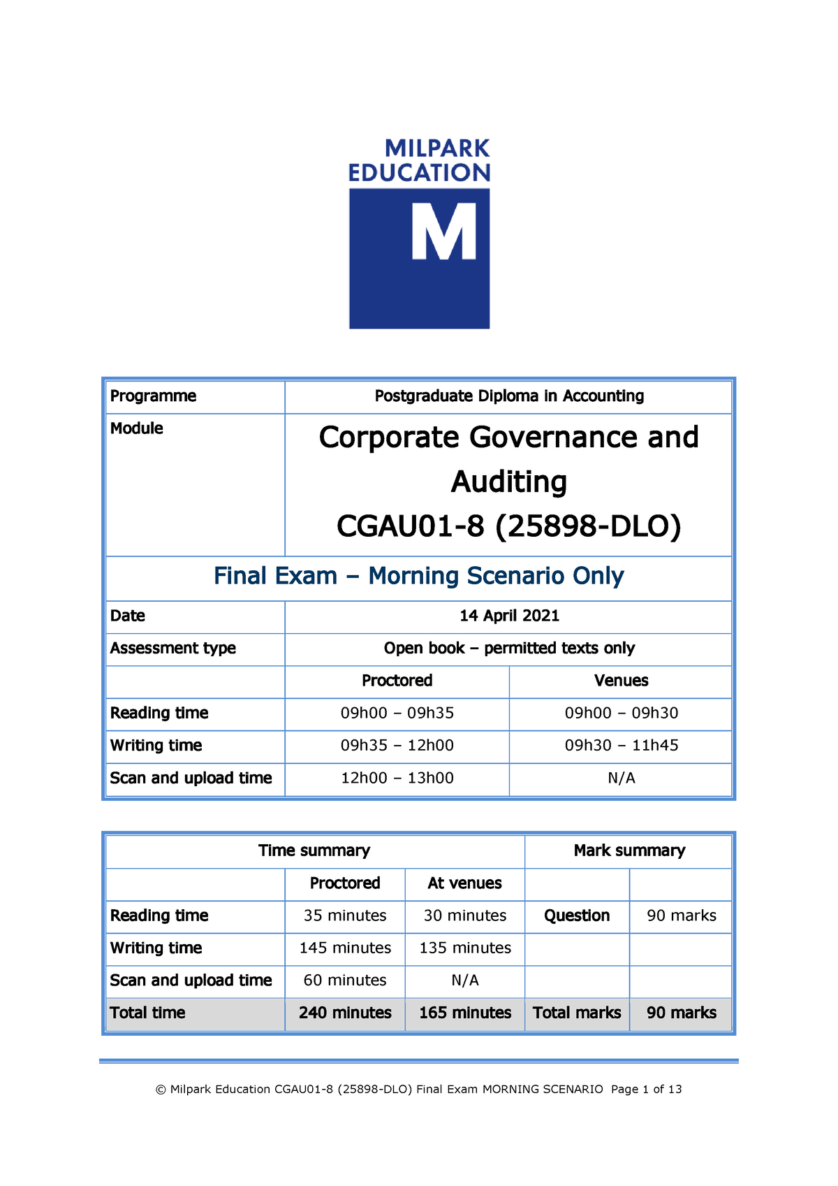 1 P20.2 Auditing Final Exam - Morning Scenario - Programme Postgraduate ...