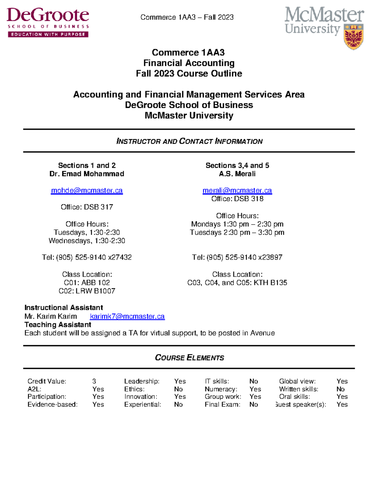 Commerce 1AA3 Course Outline Fall 2023 - Commerce 1Aa3 - McMaster - Studocu