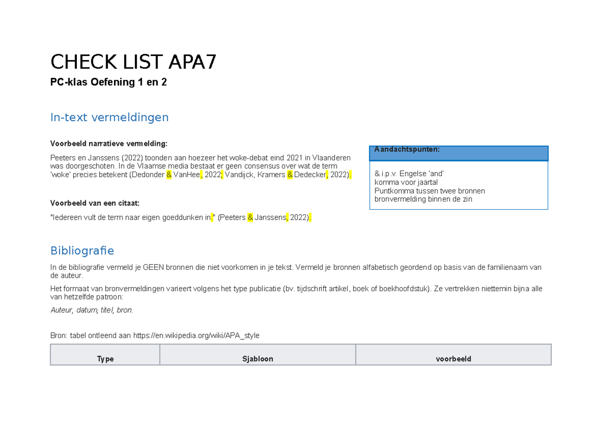 Check LIST-refereren APA7 - CHECK LIST APA PC-klas Oefening 1 en 2 In ...