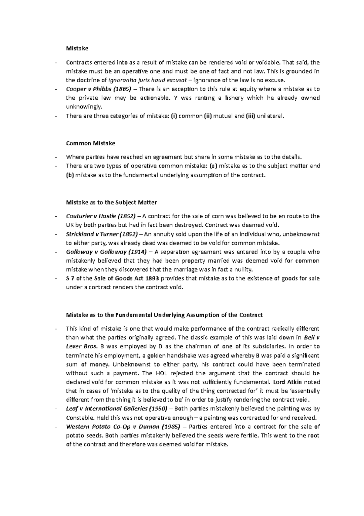 Mistake Fe1 Notes Mistake Contracts Entered Into As A Result Of