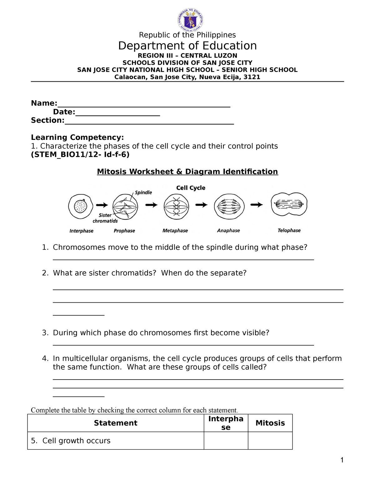 Mitosisworksheet - PRACTICE MATERIALS - Republic of the Philippines ...