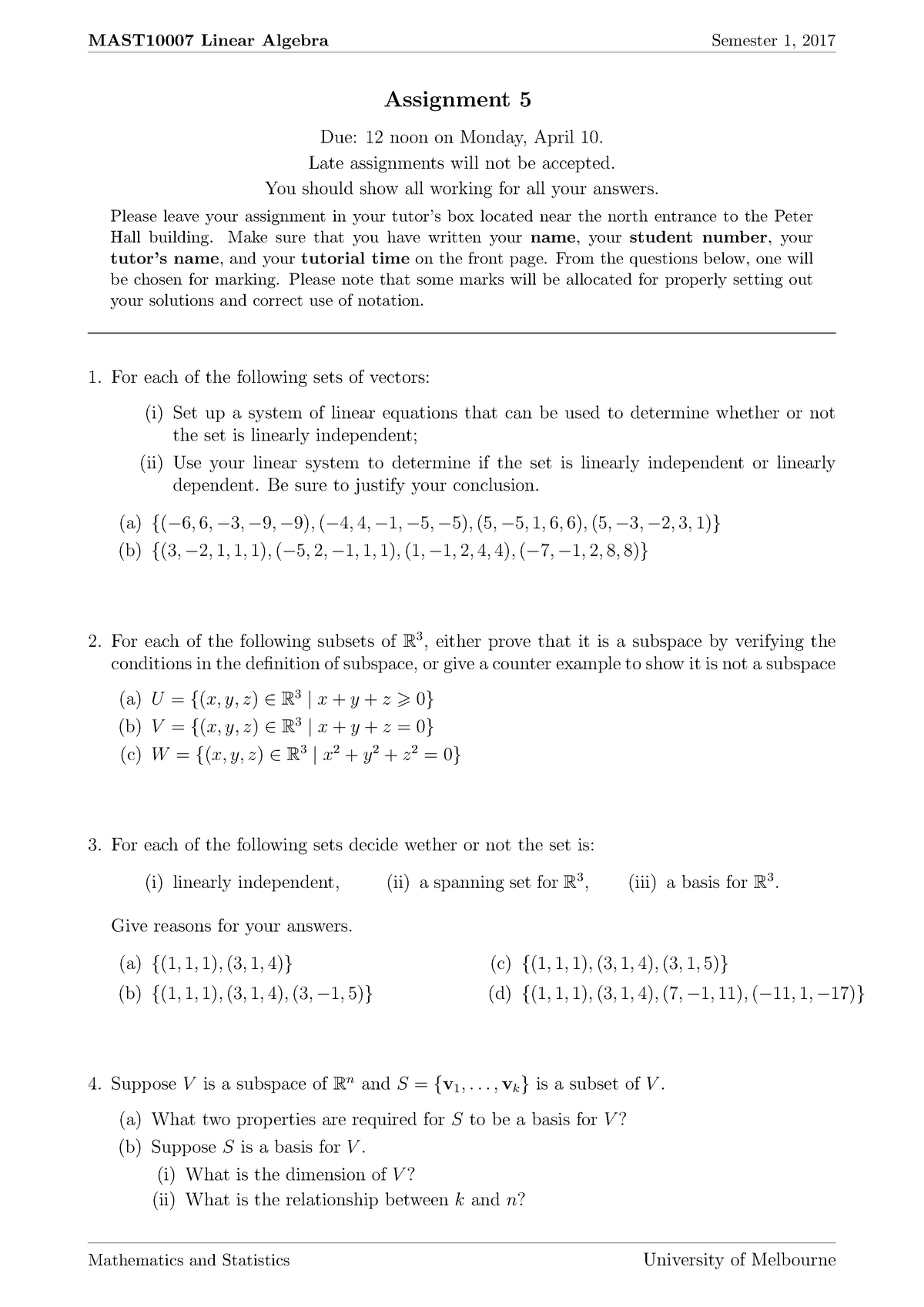 Assignment 5 - Linear Algebra - Linear Algebra Semester 1, 2017 ...