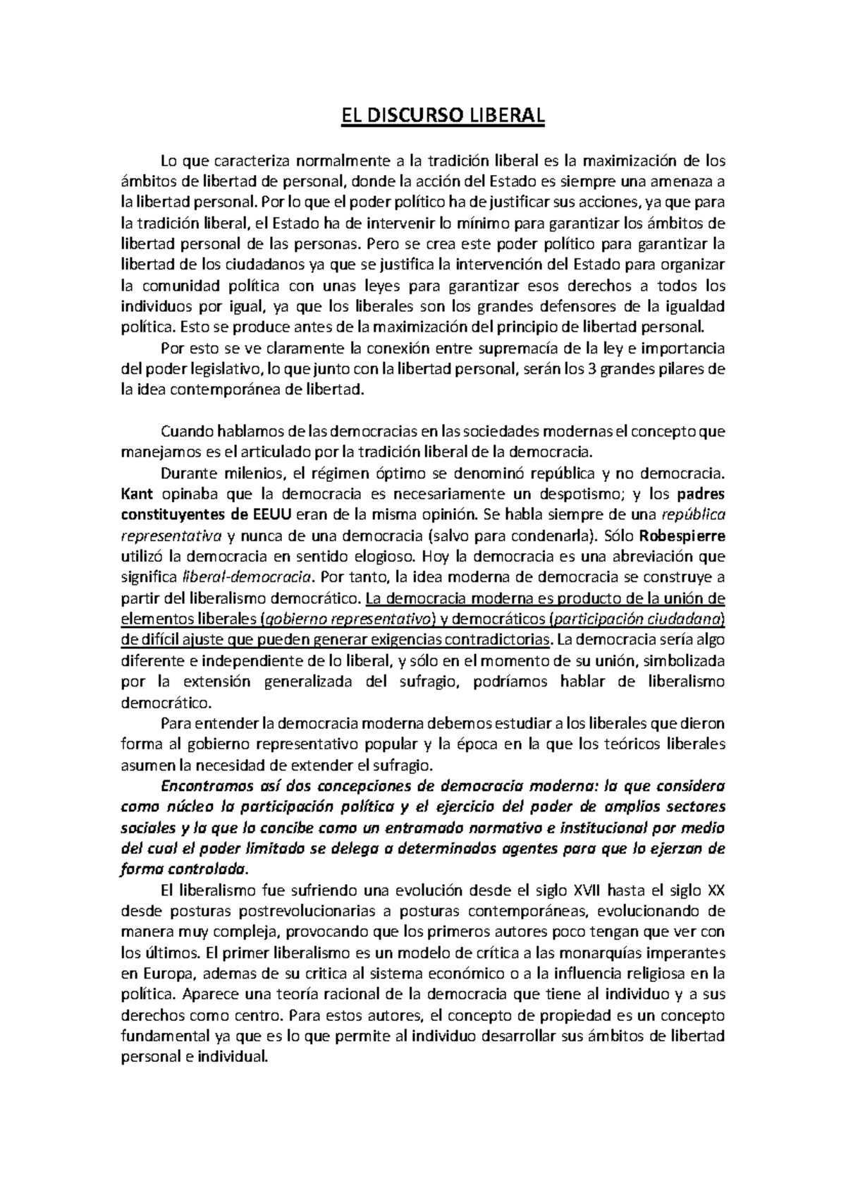 El Discurso Liberal El Discurso Liberal Lo Que Caracteriza Normalmente A La Tradicion Liberal Es Studocu
