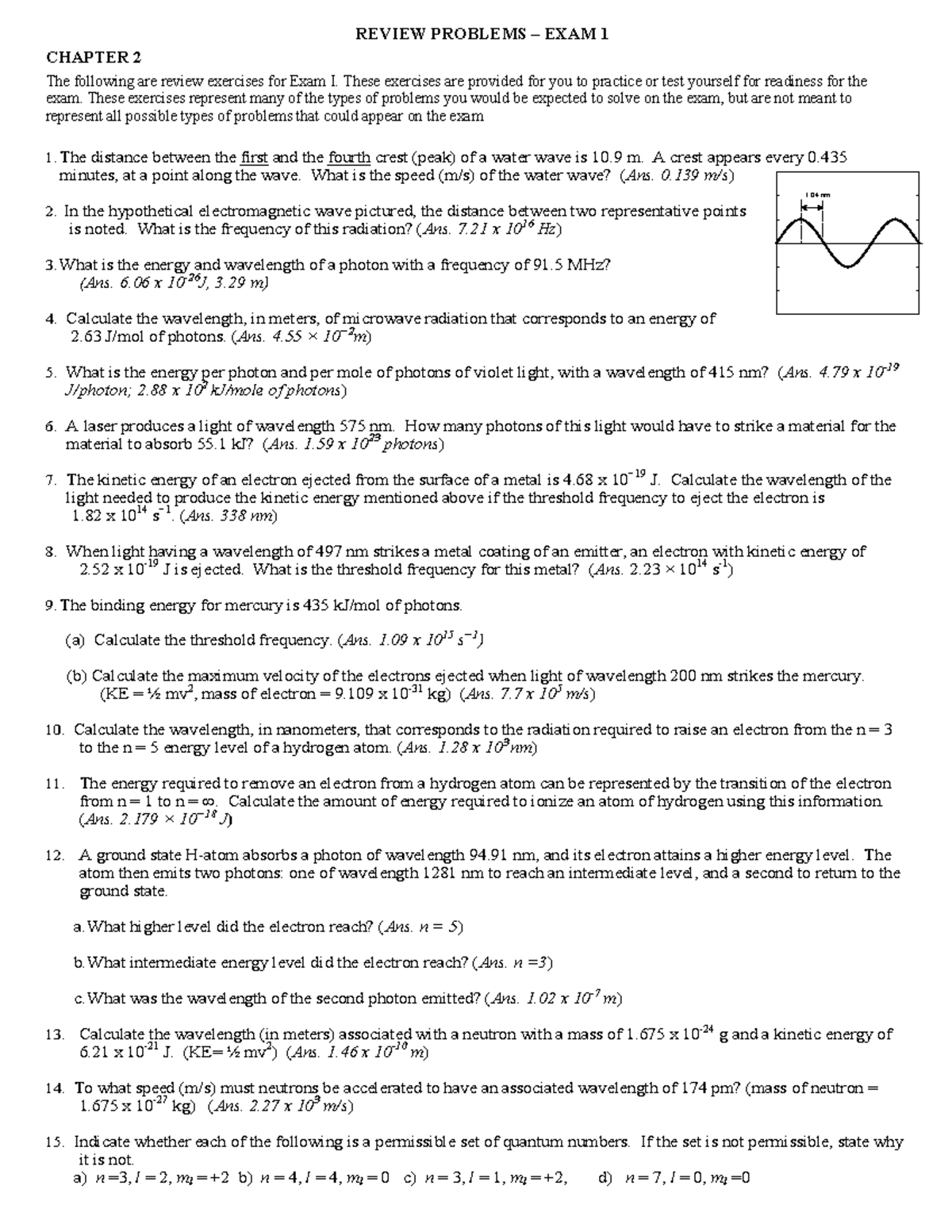 Chem Chapter 2 - Practice Questions - B 1 Nm REVIEW PROBLEMS – EXAM 1 ...