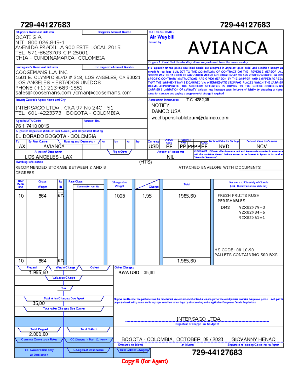 AWB 729-44127683 - PP ATTACHED ENVELOPE WITH DOCUMENTS PPD COLL 1965 ...