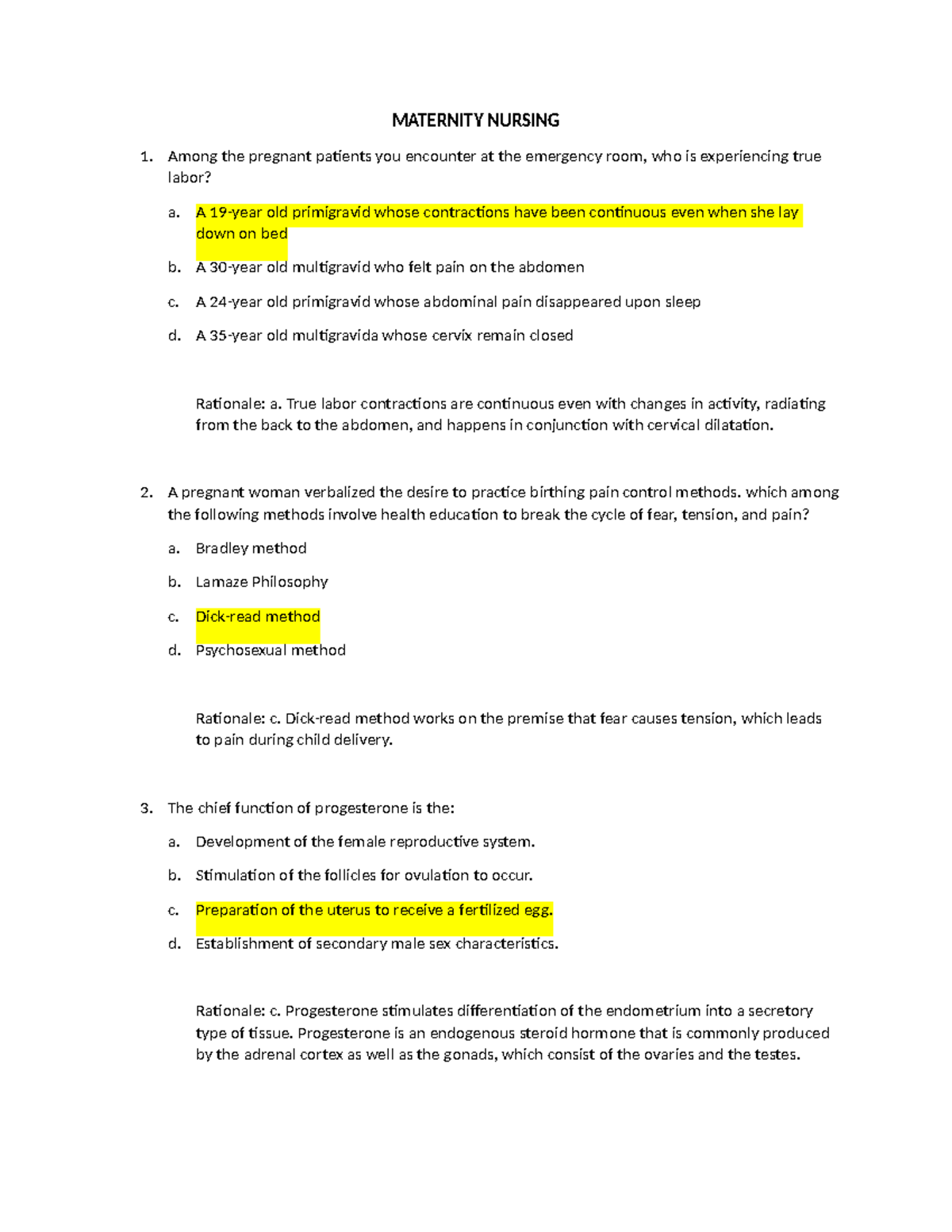 Quiz1Maternity Maternal practice questions MATERNITY NURSING