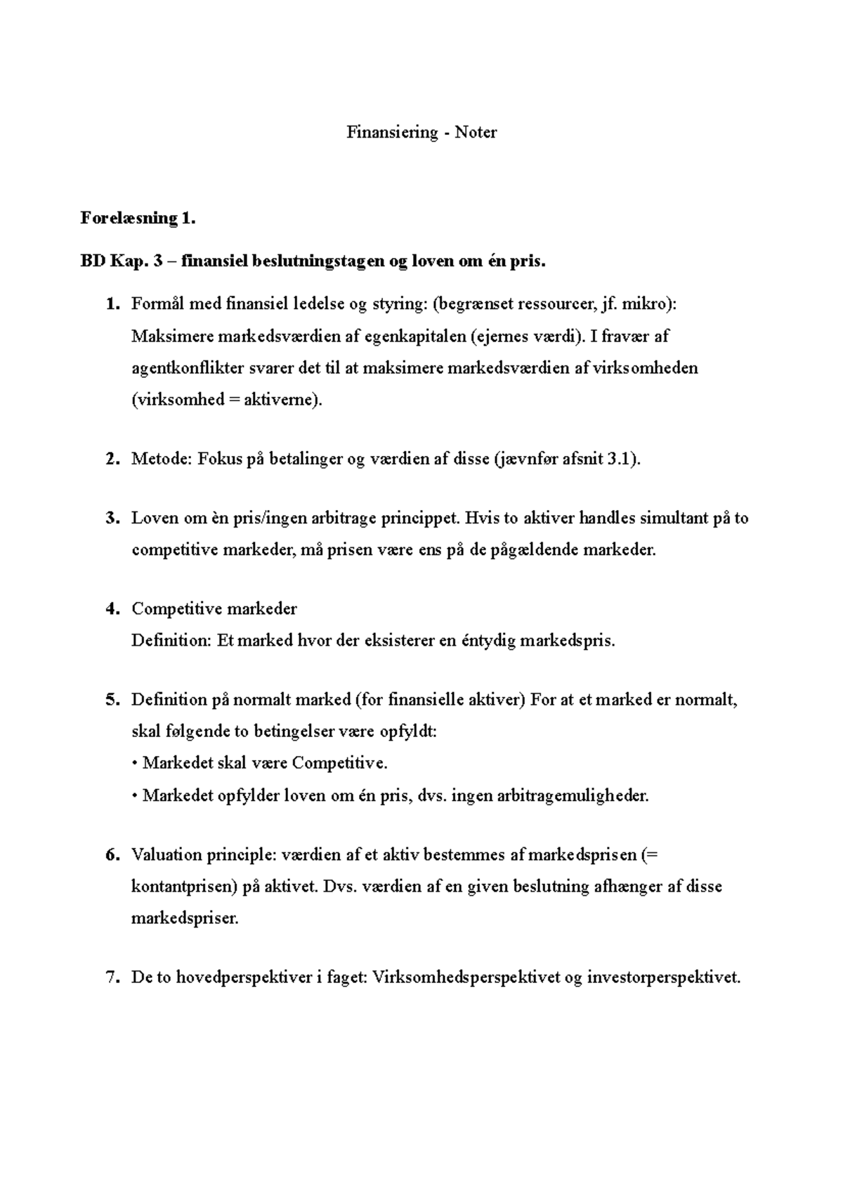 Finansiering - Noter - Finansiering - Noter Forelæsning 1. BD Kap. 3 ...