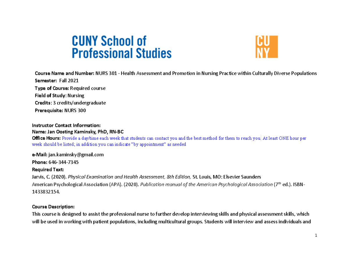 NURS 301 Fall 2021 Course Name And Number NURS 301 Health