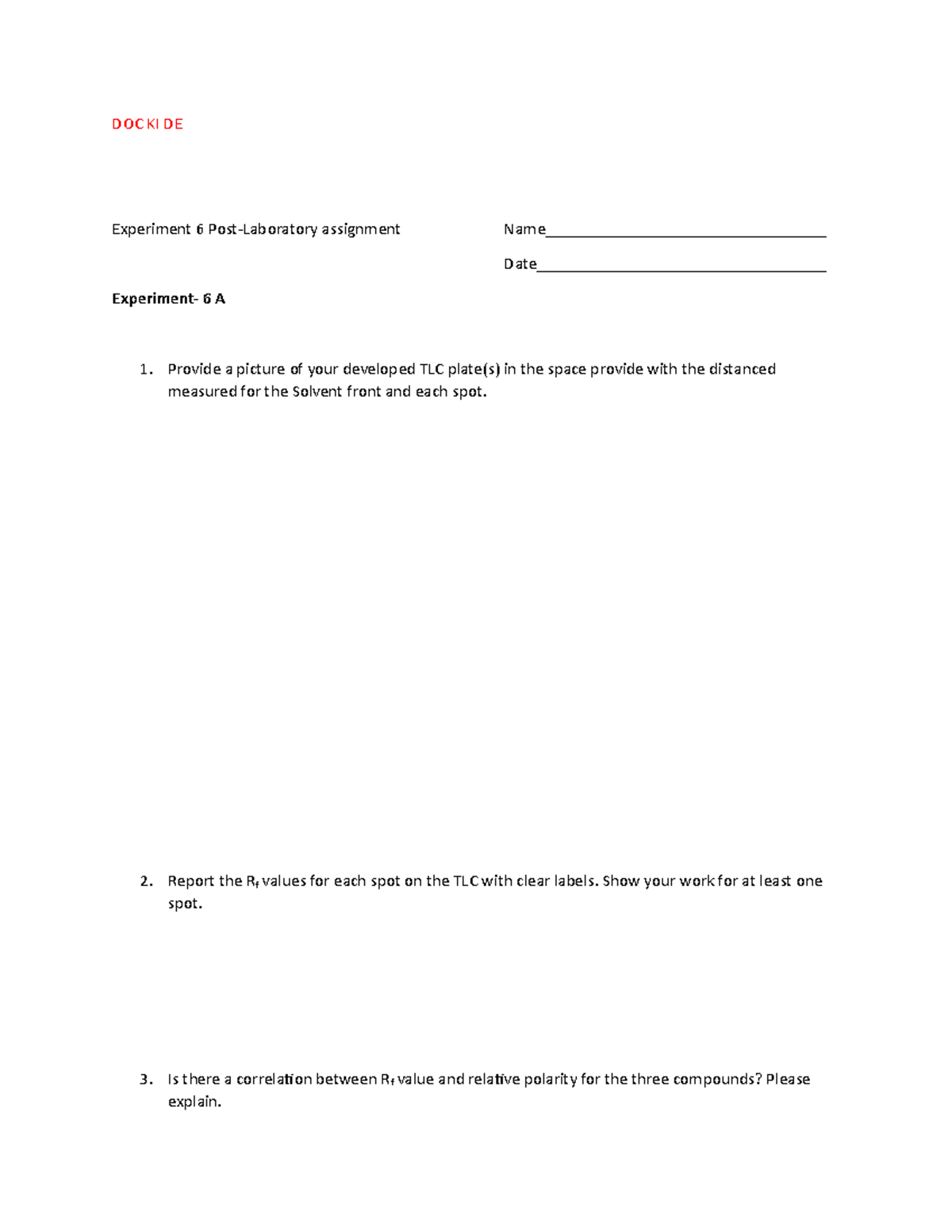 Chromatography experiment DOC KI DE Experiment 6 PostLaboratory