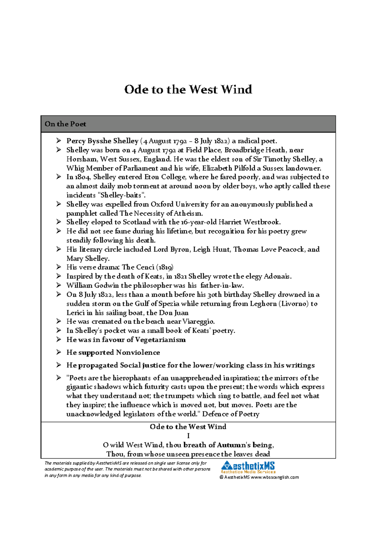 ODE TO WEST WIND - Easy notes - The materials supplied by AesthetixMS ...