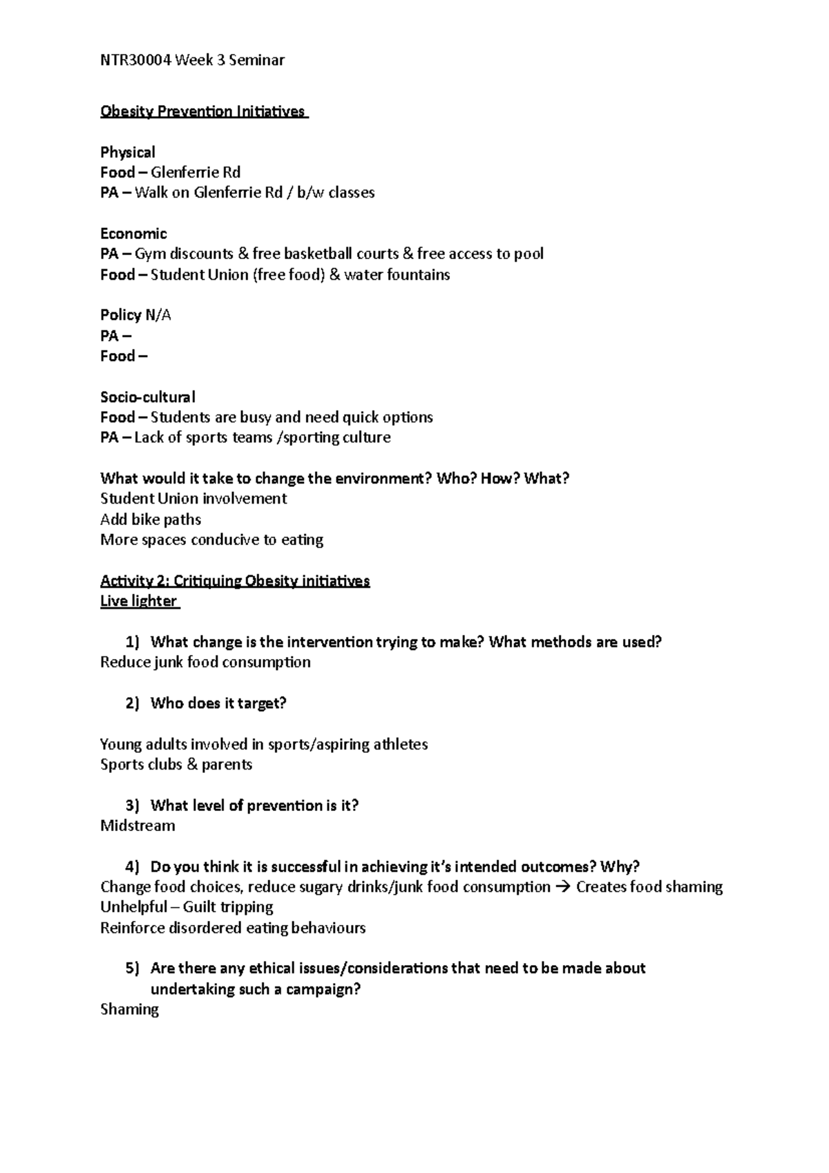 Week 3 Seminar notes full set - NTR30004 Week 3 Seminar Obesity ...