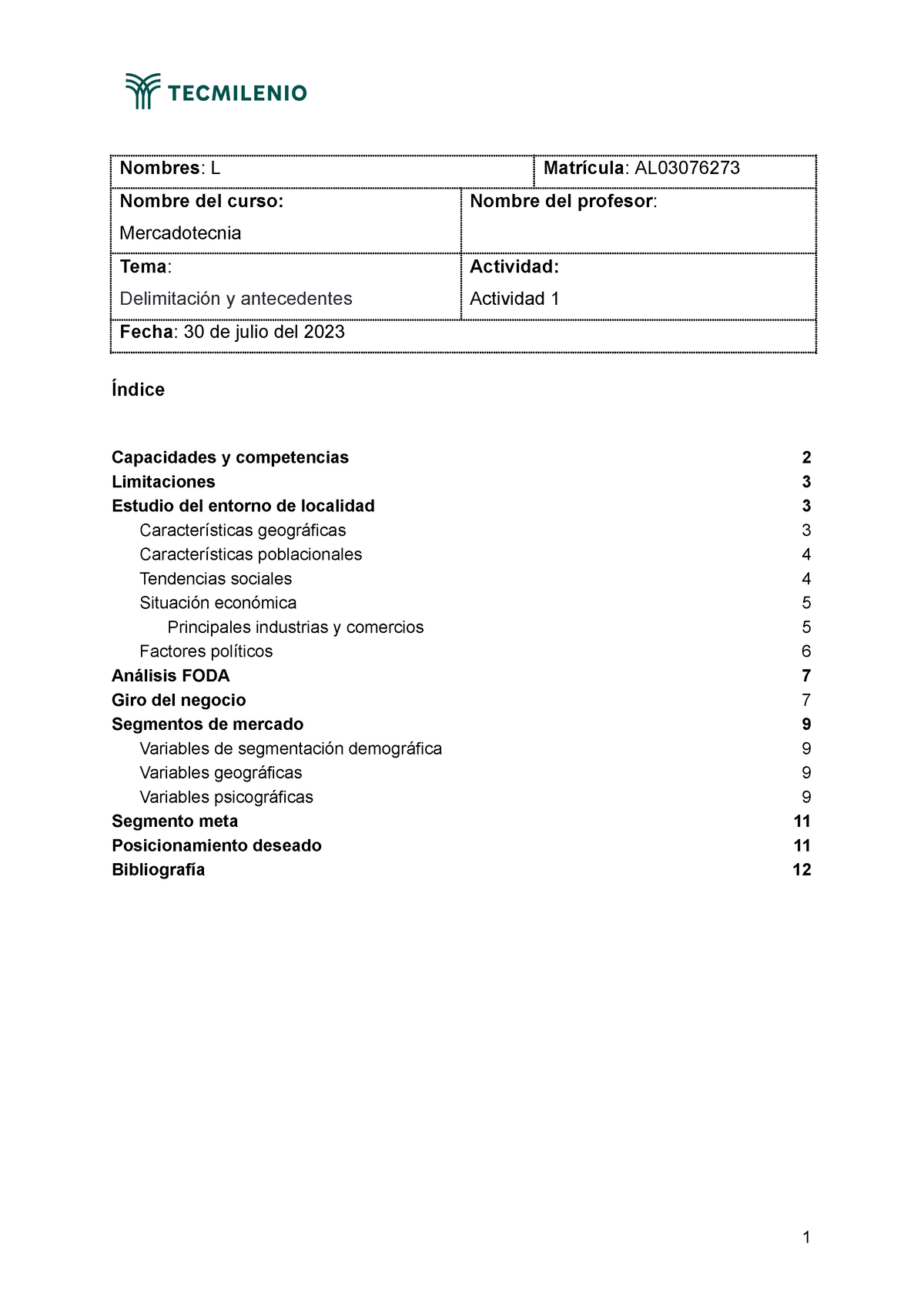 Actividad 1 Mercadotecnia Nombres L Matrícula Al Nombre Del Curso Mercadotecnia Nombre Del 5661