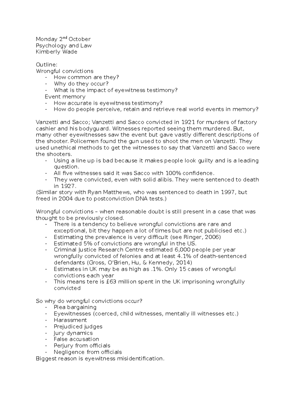 Week 1 lecture 2 notes - Monday 2nd October Psychology and Law Kimberly ...