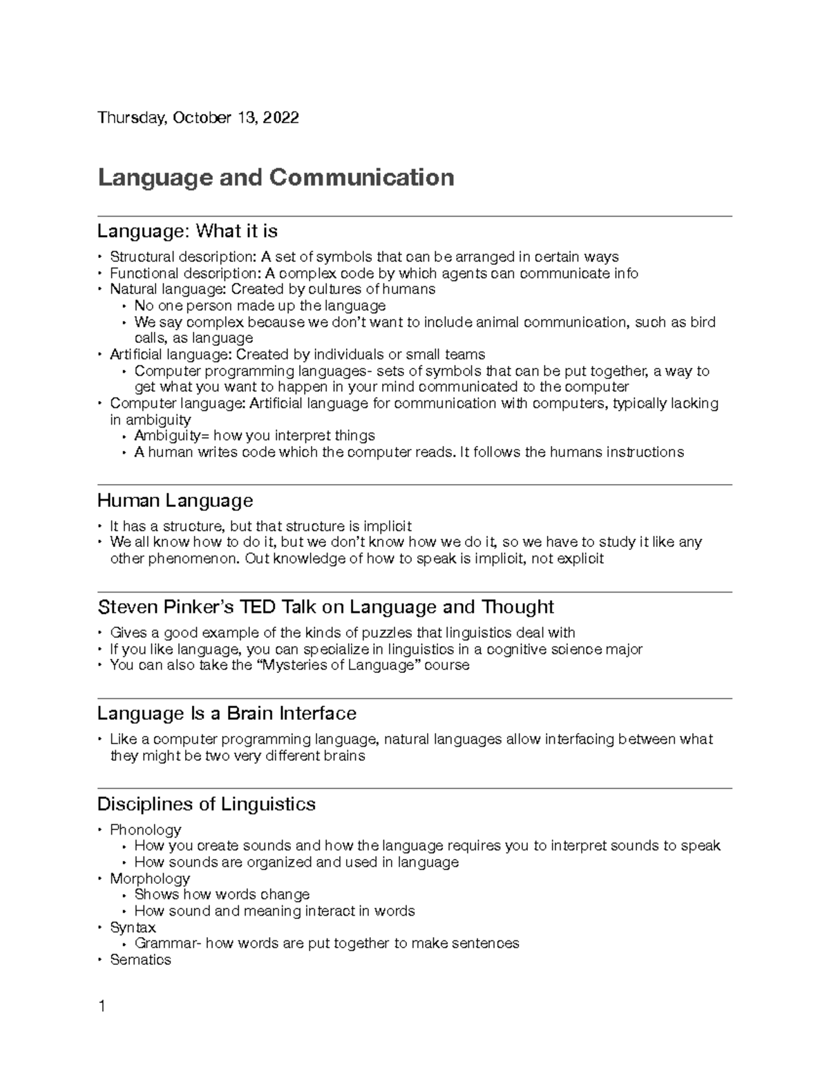 CGSC 1001- Language and Communication - Thursday, October 13, 2022 ...