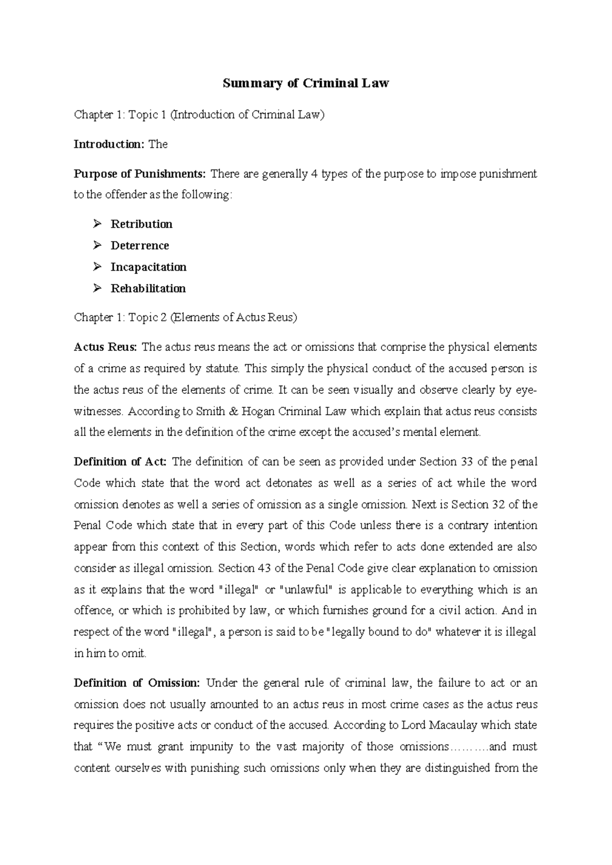 Summary of Criminal Law - Summary of Criminal Law Chapter 1: Topic 1 ...