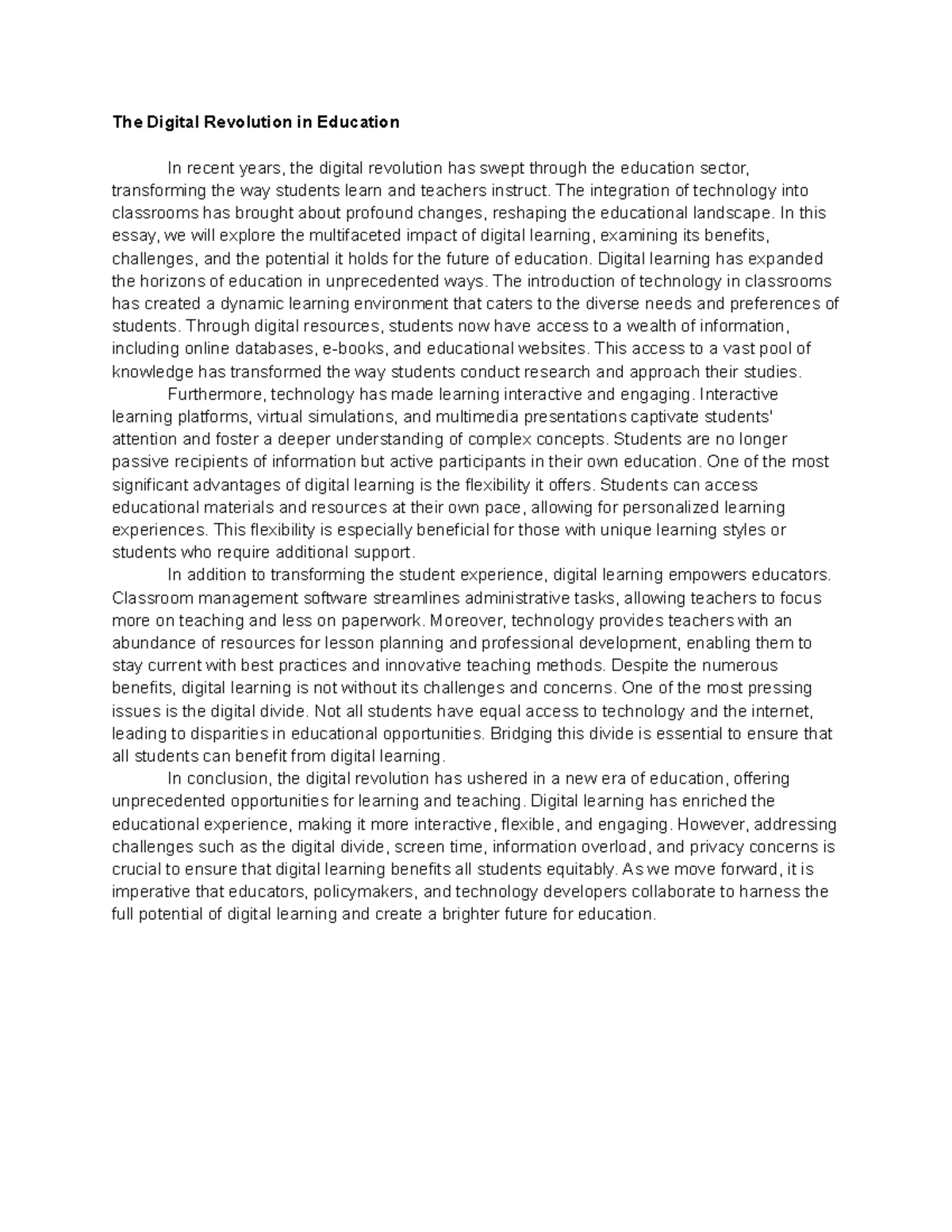 Essay 3 - The Digital Revolution in Education In recent years, the ...