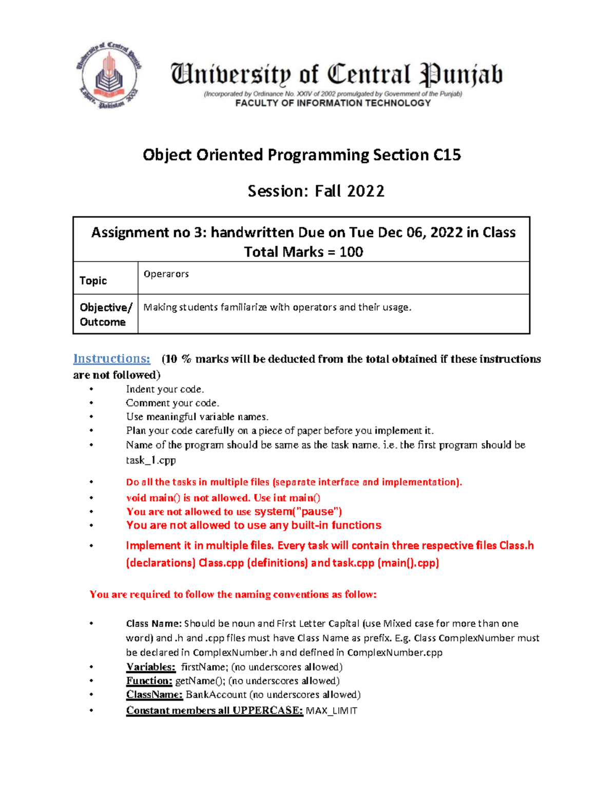 F22 OOP C15 Assignment 3 - Object Oriented Programming Section C ...