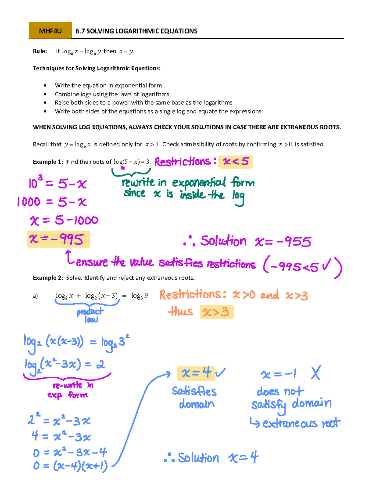 6.07 - Solving Logarithmic Equations - MHF4U 6. 7 SOLVING LOGARITHMIC ...