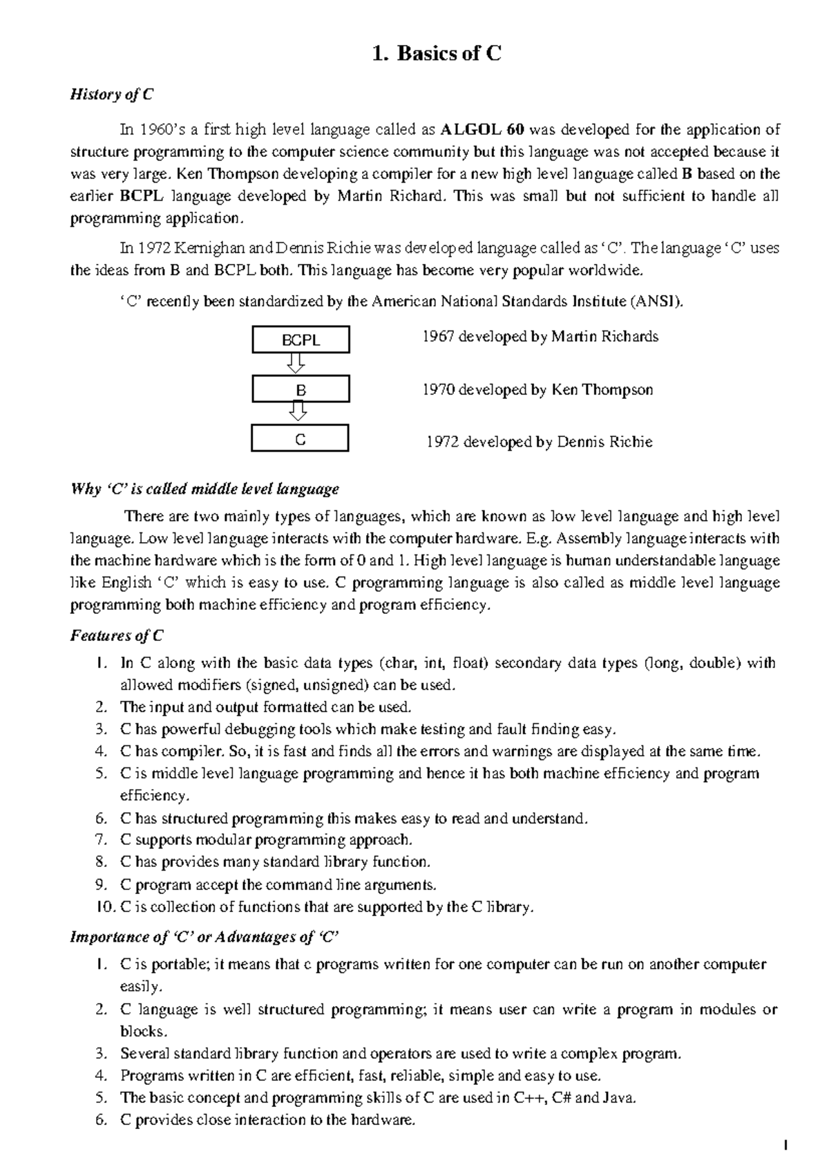 CP Chap1 - Chapter 1 notes - 1. Basics of C History of C In 1960’s a ...