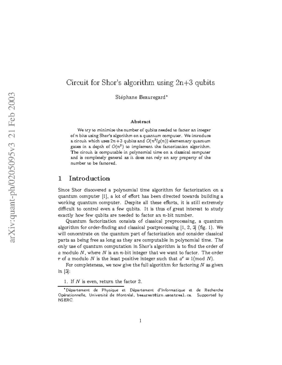 Circuit for Shor’s algorithm using 2n+3 qubits - arXiv:quant-ph ...