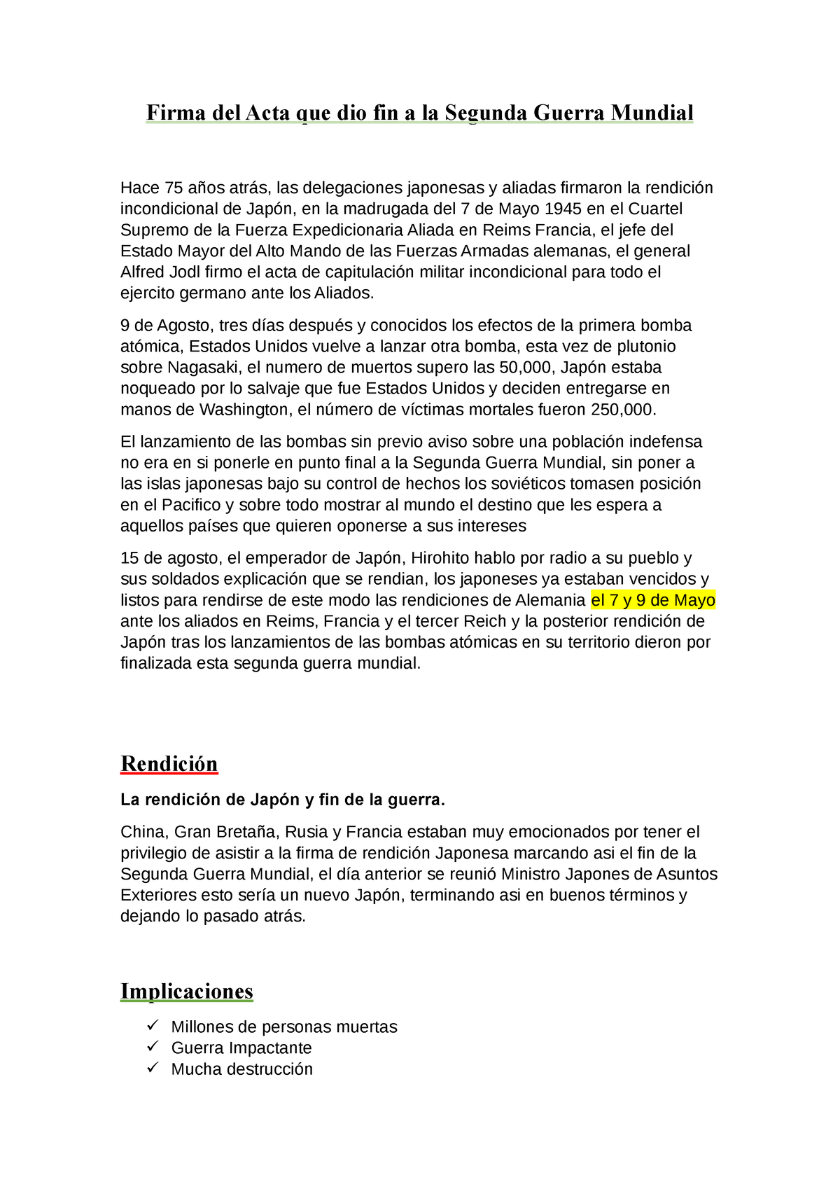 Fin de la Segunda Guerra Mundial - Firma del Acta que dio fin a la Segunda  Guerra Mundial Hace 75 - Studocu