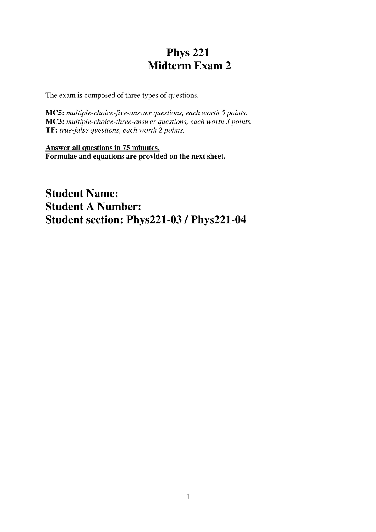 Phys 221 Midterm Exam II With Answer Key - Phys 221 Midterm Exam 2 The ...